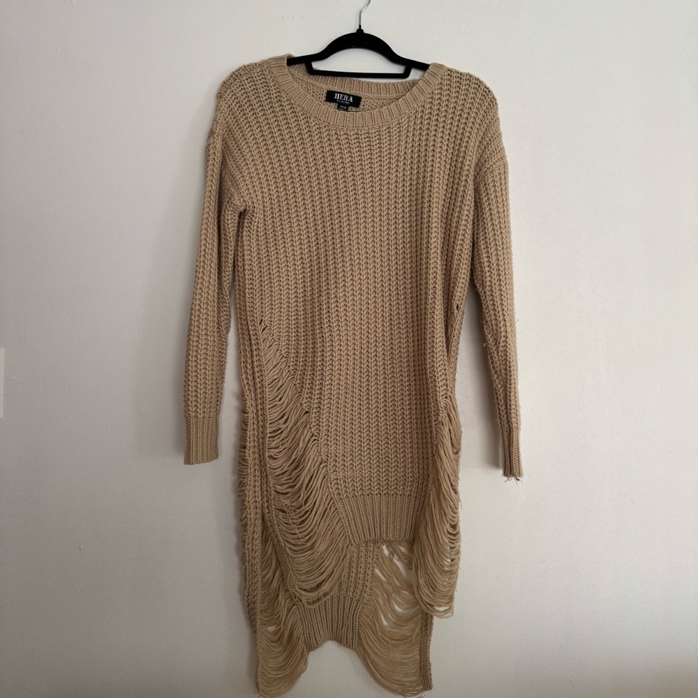 Bebe Tan Long Sleeve Sweater Dress with Fringe